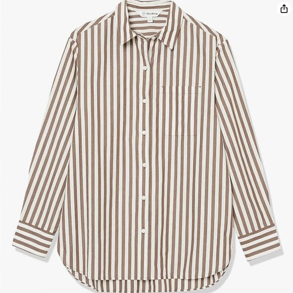 NWT The Drop Women's Kendra Loose Fit Long Shirt, Coffee Bean Stripe, XL - Picture 1 of 5